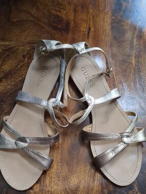 GUESS Multi Metallics Strappy Flat Sandals for Women - Open Toe Ankle Strap